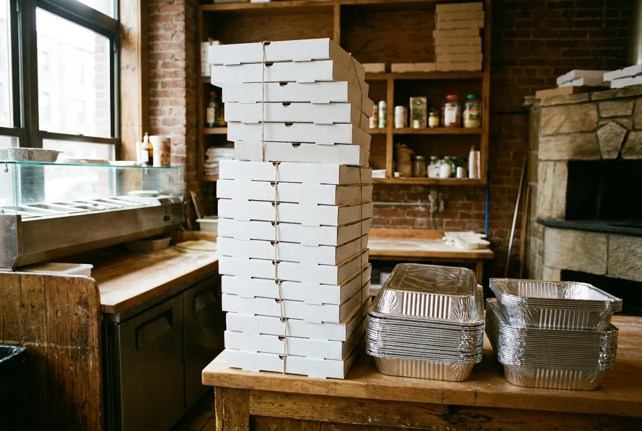 A tall stack of Rosa's pizza boxes and foil trays ready for a catering order