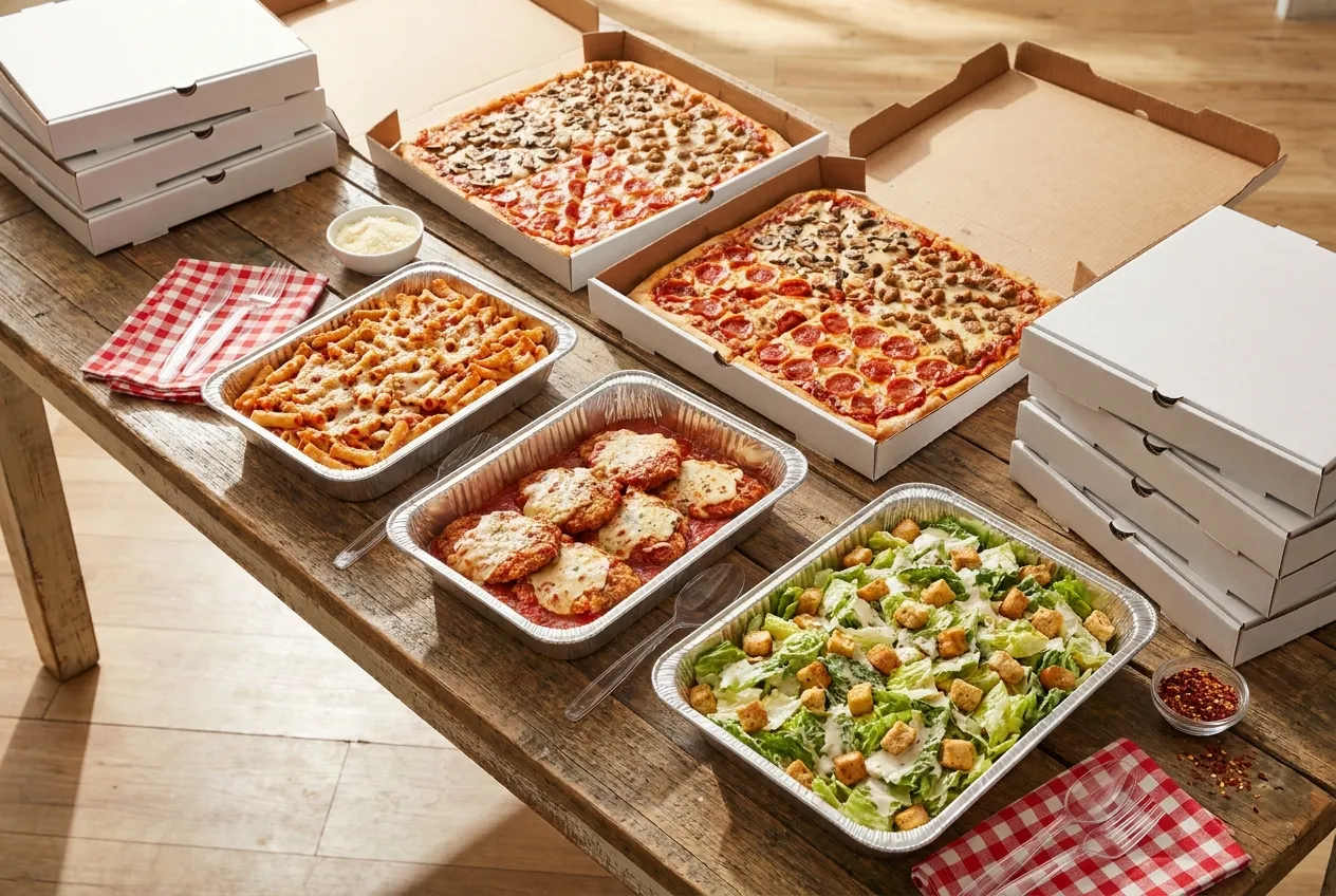 A catering spread of Rosa's pizzas, baked ziti, chicken parmigiana and Caesar salad