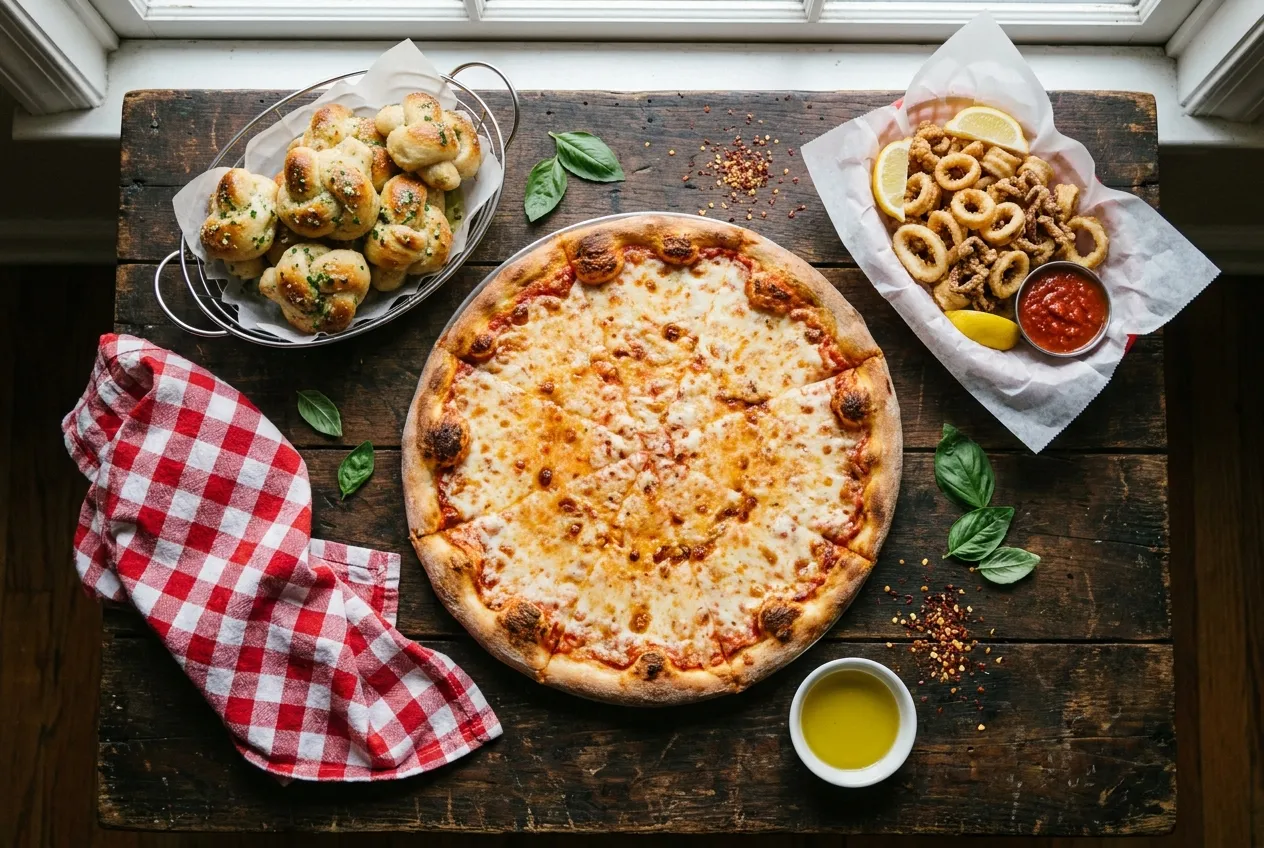 An overhead spread of Rosa's cheese pizza, garlic knots and fried calamari