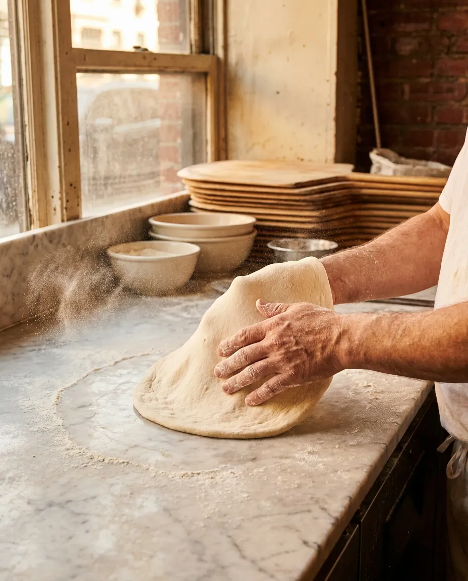Flour-dusted hands stretching fresh pizza dough in the Rosa's kitchen